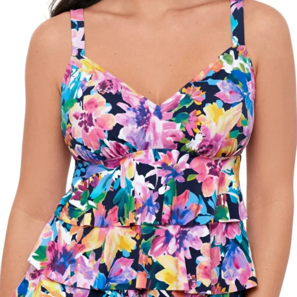 Swim Solutions Garden Swan Triple-Tiered Tankini NWT Sz 12 - Picture 2 of 11